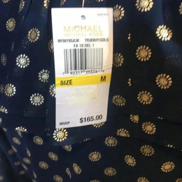 NWT Michael Kors Navy Blue/ Gold Floral Pattern Belted Tie Waist Ruffle Dress-M - Picture 10 of 12